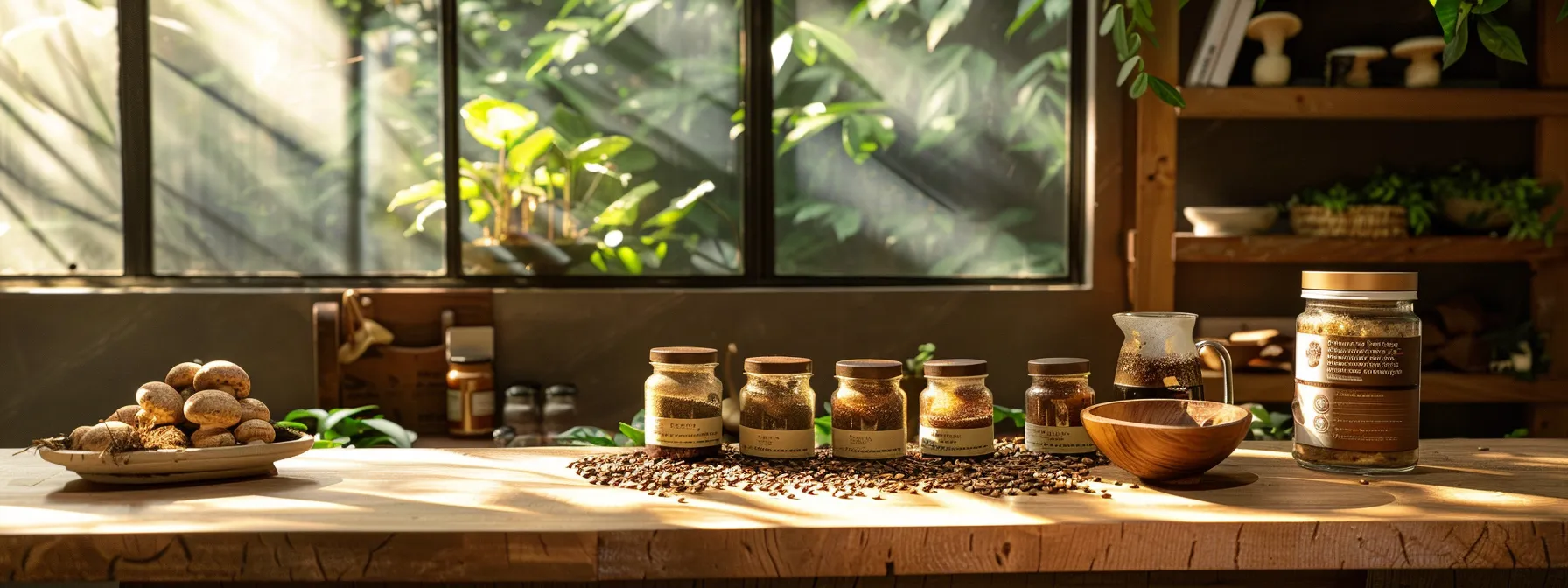 a vibrant display of various mushroom coffee brands arranged artfully on a rustic wooden table, illuminated by warm, natural light filtering through a nearby window, inviting a sense of wellness and exploration.