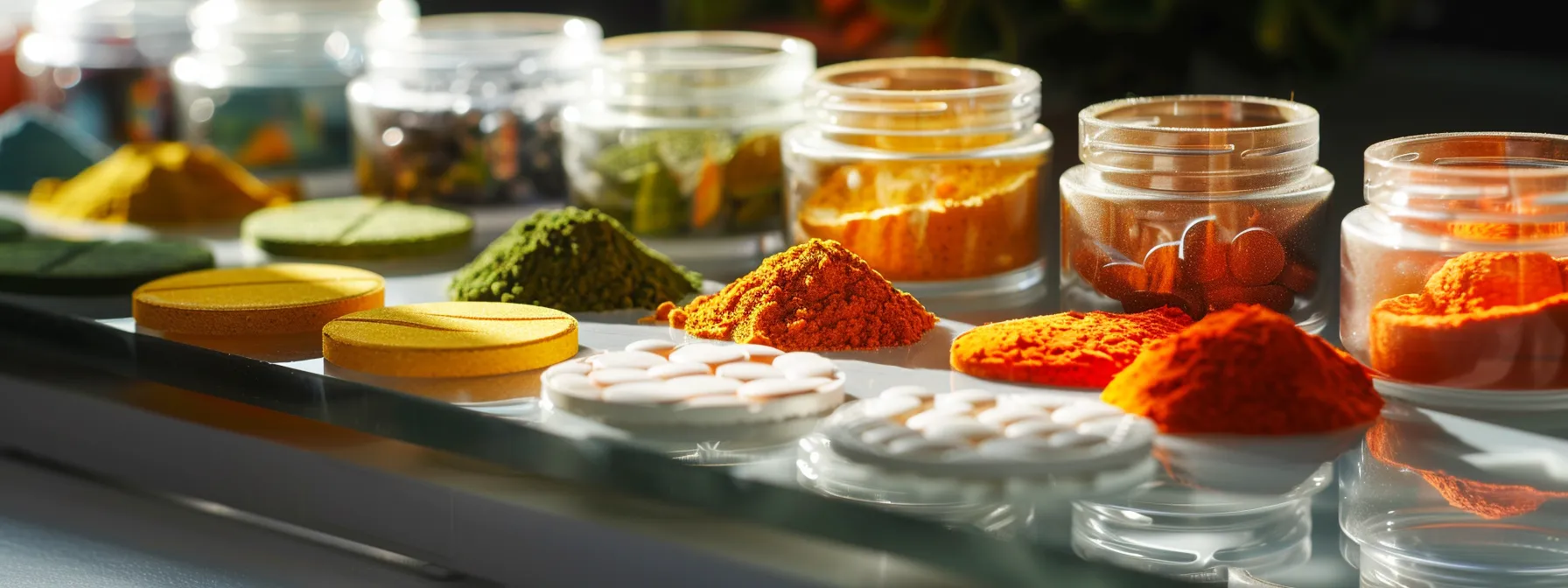 a vibrant display of various powdered supplements in colorful packages arranged on a clean, polished surface, illuminated by soft, natural light, emphasizing their freshness and nutritional benefits.