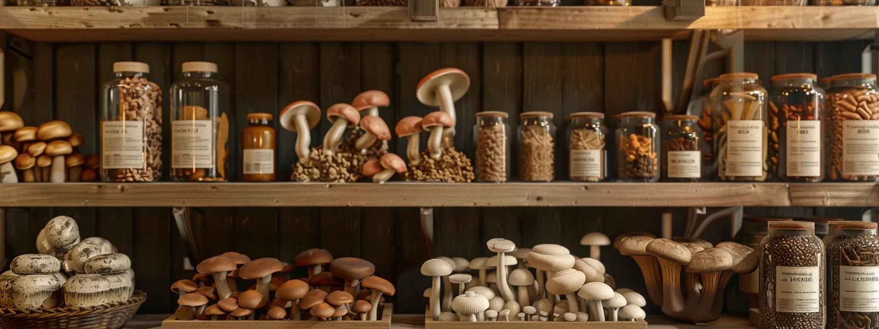 a vibrant display of various mushroom boost products, elegantly arranged with clear, informative labels and rich textures, illuminated by warm, natural light to highlight their health benefits and quality.