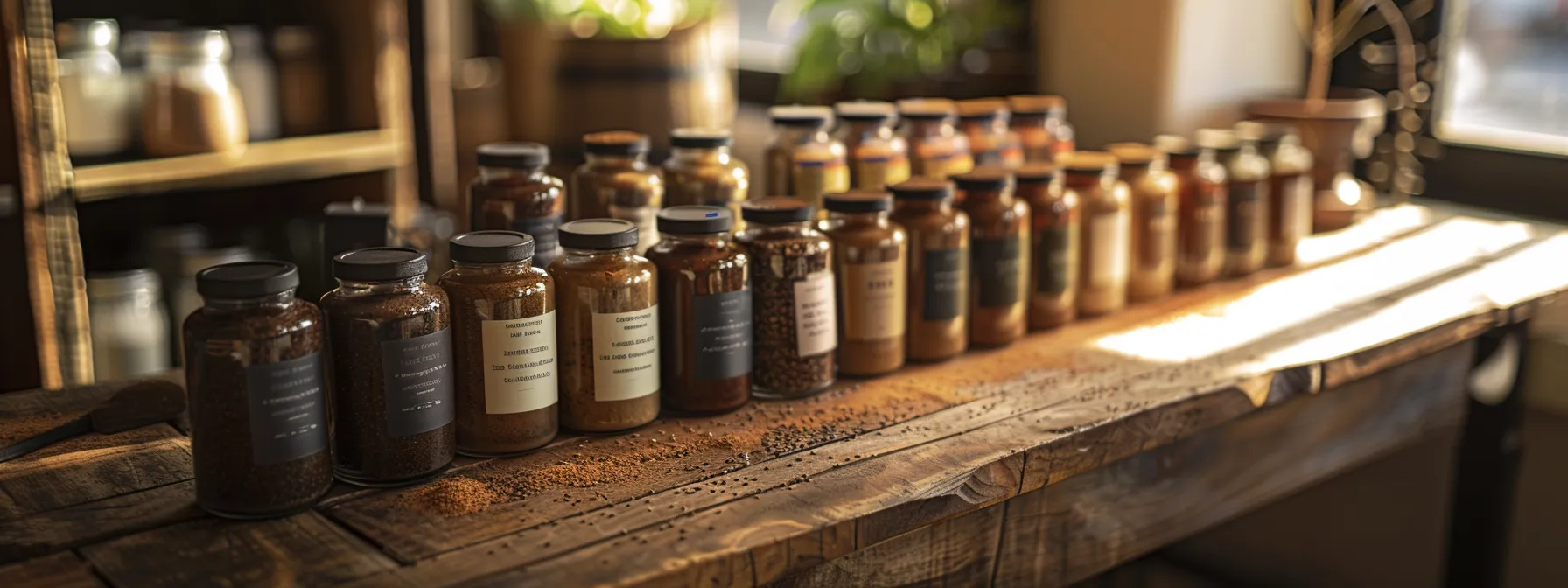 a vibrant display of various mud coffee replacement products lined up on a rustic wooden table, illuminated by soft afternoon sunlight filtering through a nearby window, exuding a warm and inviting atmosphere for eco-conscious consumers.