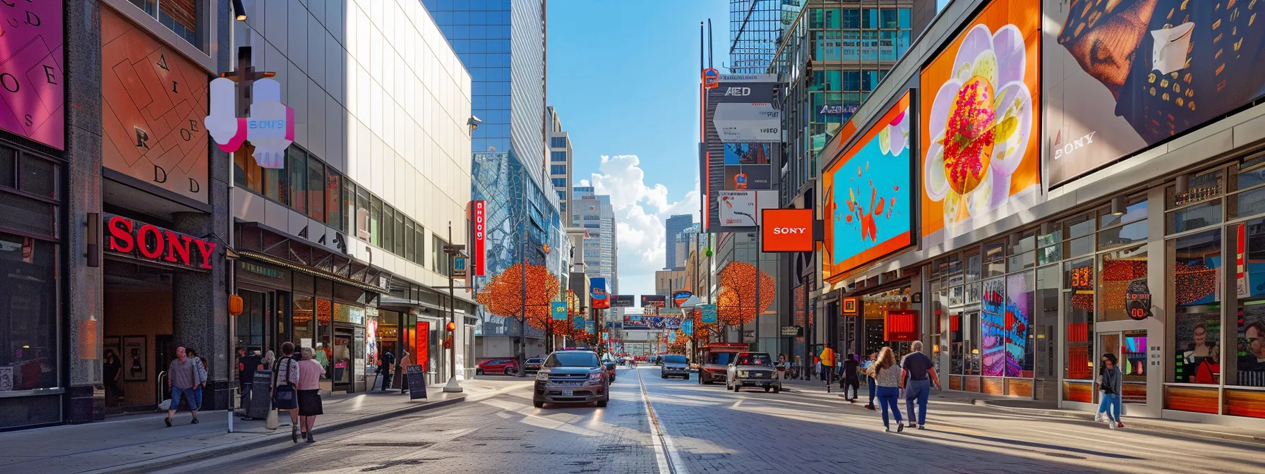 a vibrant downtown houston street showcases eye-catching digital signage and uniquely designed shop fronts, with bold colors and personalized branding elements attracting the attention of passersby in an urban setting. Utilize Creative Design Strategies to Stand Out Locally