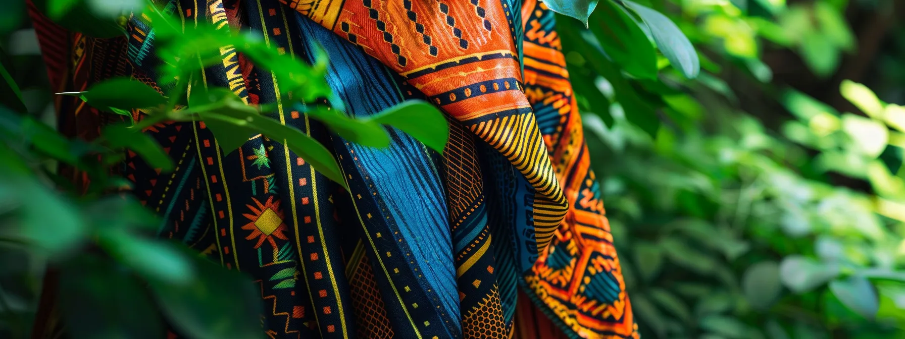 a vibrant, dynamic close-up of sleek, patterned leggings draped elegantly against a backdrop of lush greenery, highlighting their striking textures and colors.