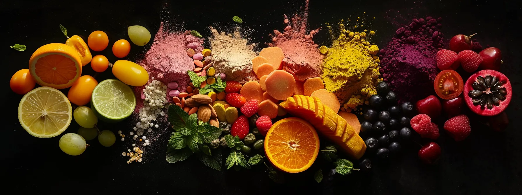 a vibrant, dynamic composition features a colorful array of multivitamin powder ingredients, showcasing various essential vitamins and minerals surrounded by fresh fruits and vegetables, illuminated by soft, natural light to emphasize their health benefits and nutrient richness.