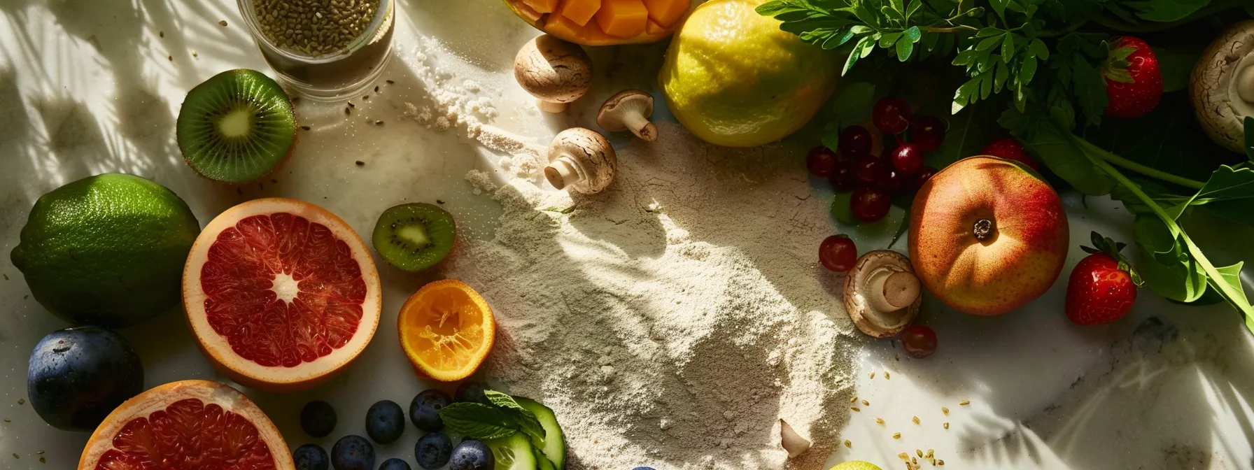 a vibrant, dynamic display of an all-in-one multivitamin powder surrounded by fresh fruits, lush greens, and colorful mushrooms, illuminated by soft, natural sunlight to evoke health and vitality.