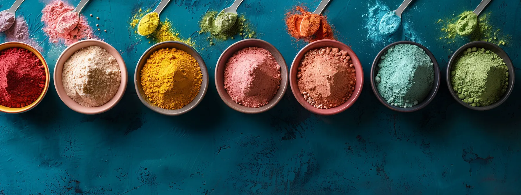 a vibrant, dynamic overhead shot of a colorful assortment of powdered vitamin supplements artfully arranged in various scoops and bowls, showcasing their rich textures and hues against a sleek, minimalist background.