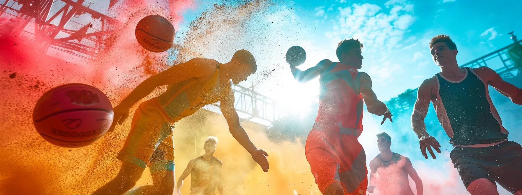 a vibrant, dynamic scene captures athletes in various sports engaged in post-workout hydration, surrounded by colorful electrolyte powder packets that emphasize balance and nutrient replenishment.