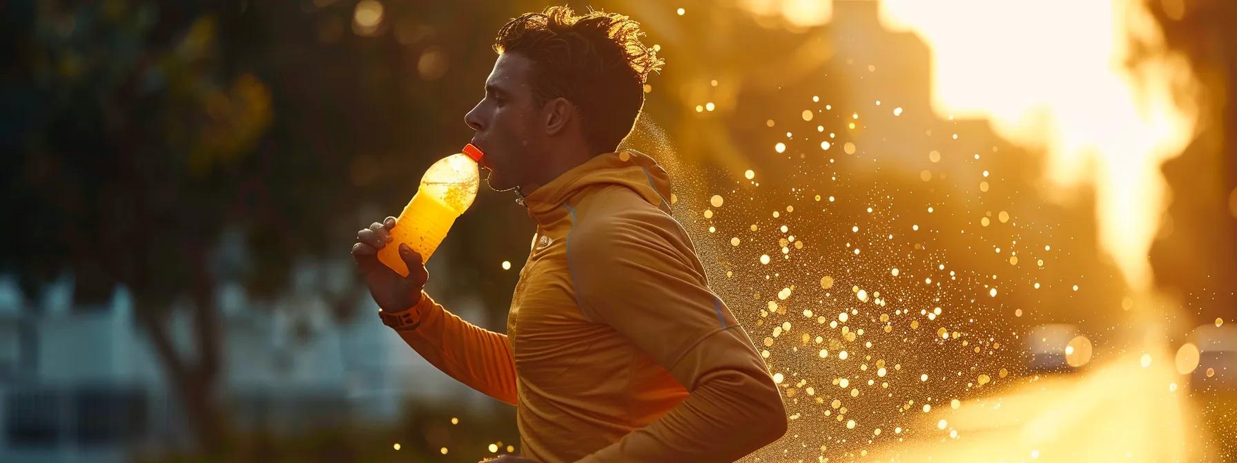 a vibrant, dynamic scene captures an athlete in mid-stride during an outdoor workout, sweat glistening on their brow, as they energetically consume a bright citrus-flavored energy gel, emphasizing the power of bulk electrolytes for optimal performance and endurance.
