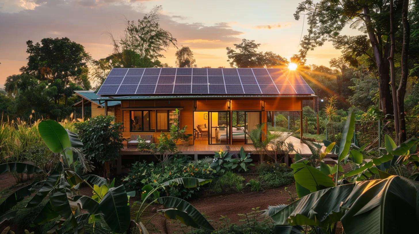 a vibrant eco-friendly home, surrounded by lush greenery and solar panels, embodies sustainable design principles that promote community resilience and environmental stewardship, illuminated by the warm glow of a setting sun. a vibrant eco-friendly home, surrounded by lush greenery and solar panels, embodies sustainable design principles that promote community resilience and environmental stewardship, illuminated by the warm glow of a setting sun.