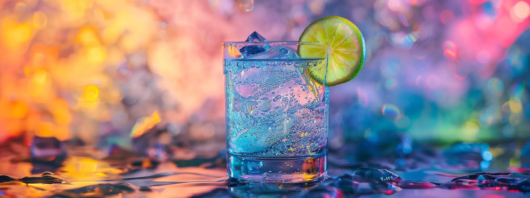 a vibrant, effervescent thc-infused seltzer in a clear glass, adorned with a fresh slice of lime, is showcased against a colorful, cosmic-inspired backdrop, exuding a playful and modern atmosphere perfect for socializing. a vibrant, effervescent thc-infused seltzer in a clear glass, adorned with a fresh slice of lime, is showcased against a colorful, cosmic-inspired backdrop, exuding a playful and modern atmosphere perfect for socializing.
