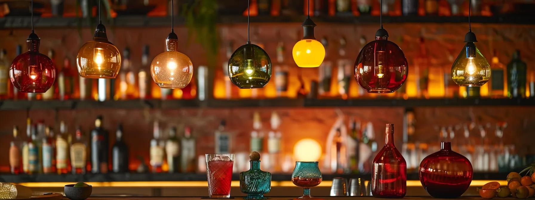 a vibrant, elegantly arranged bar scene showcases an array of fun and functional cocktail accessories, gleaming under stylish pendant lights, ready to enhance festive party vibes.