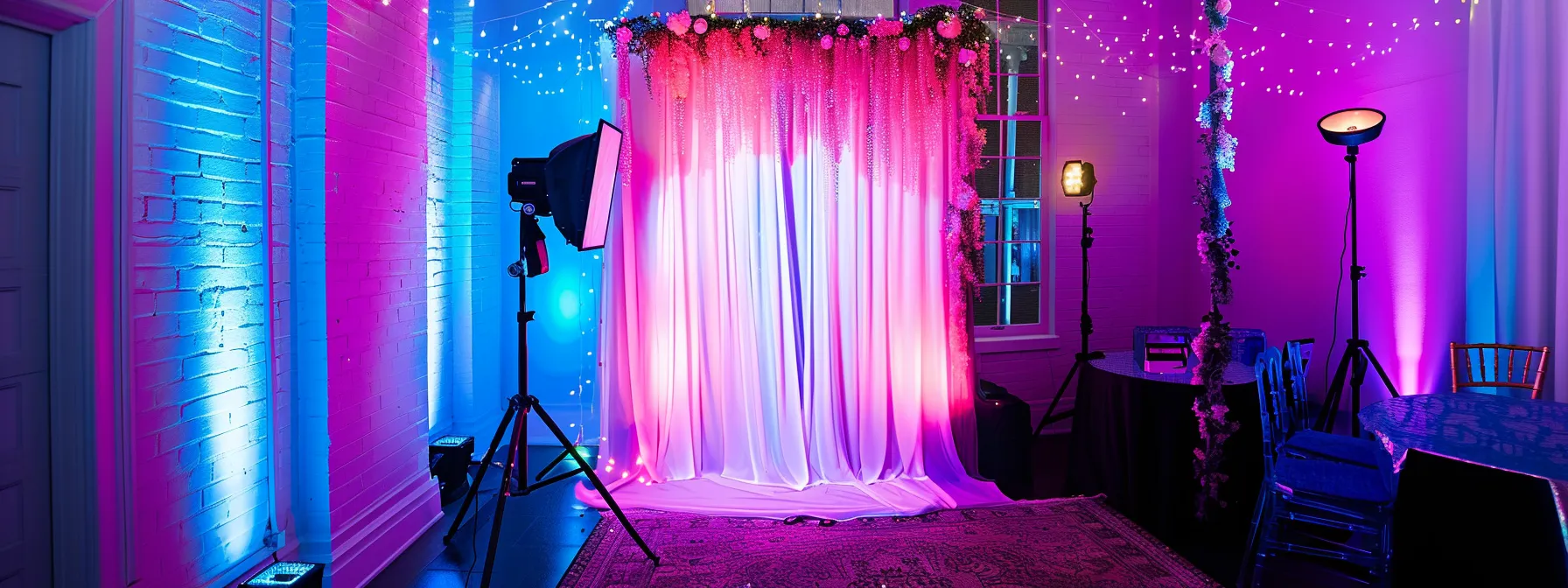 a vibrant, elegantly decorated photo booth illuminated by soft, glowing lights, featuring a high-quality camera and an array of fun props, set against an enchanting backdrop ideal for weddings and corporate celebrations in atlanta. a vibrant, elegantly decorated photo booth illuminated by soft, glowing lights, featuring a high-quality camera and an array of fun props, set against an enchanting backdrop ideal for weddings and corporate celebrations in atlanta.