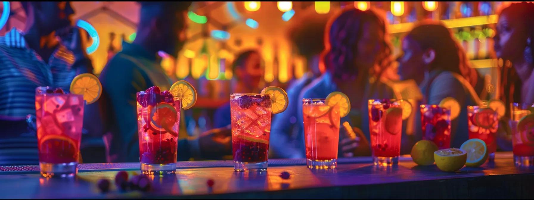 a vibrant, elegantly styled bar scene showcases anomaly's stellarberry lemonade in sleek glasses, infused with mixed berries and lemon slices, as a backdrop of sociable individuals engages in lively conversation under warm urban lighting, embodying creativity and focus during an evening gathering. a vibrant, elegantly styled bar scene showcases anomaly's stellarberry lemonade in sleek glasses, infused with mixed berries and lemon slices, as a backdrop of sociable individuals engages in lively conversation under warm urban lighting, embodying creativity and focus during an evening gathering.