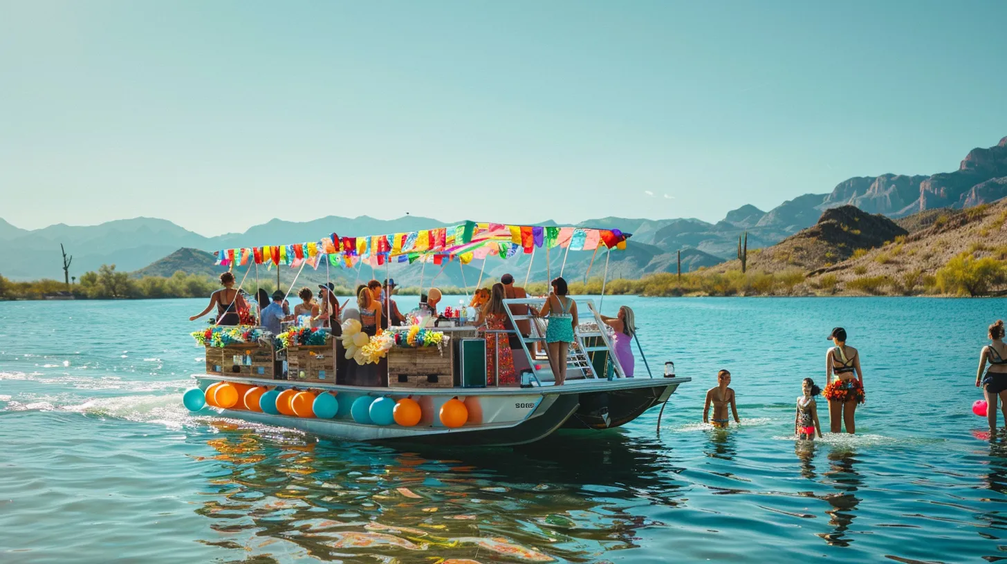 a vibrant, energetic scene of a lively bachelorette boat party on lake pleasant, featuring colorful decorations, excited guests celebrating with drinks, and the sparkling blue water framed by the stunning arizona desert backdrop under a clear sky.