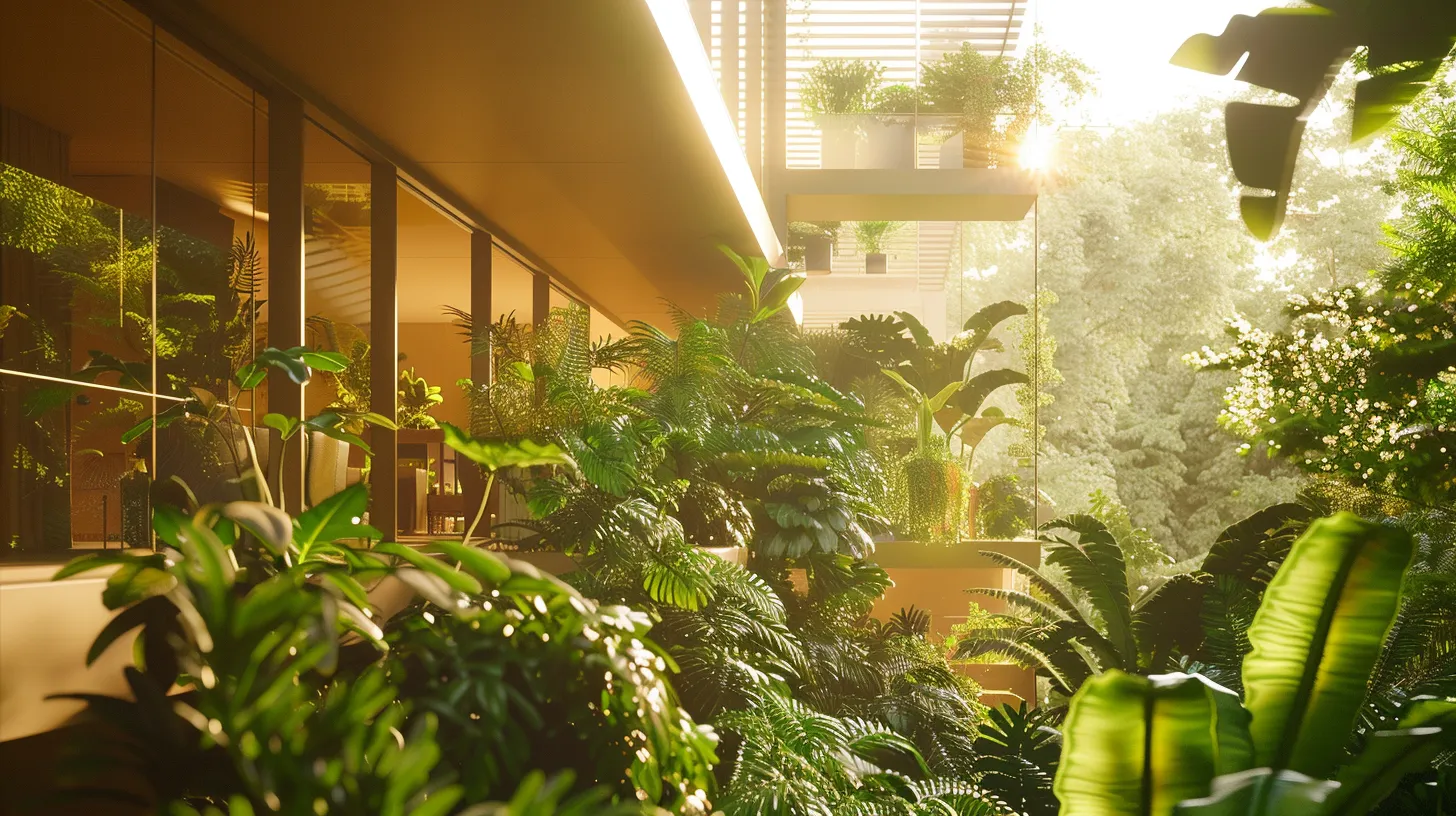 a vibrant energy-efficient home surrounded by lush greenery, showcasing innovative design elements and sustainable features, illuminated by soft, golden afternoon light to evoke a sense of harmony with nature. a vibrant energy-efficient home surrounded by lush greenery, showcasing innovative design elements and sustainable features, illuminated by soft, golden afternoon light to evoke a sense of harmony with nature.