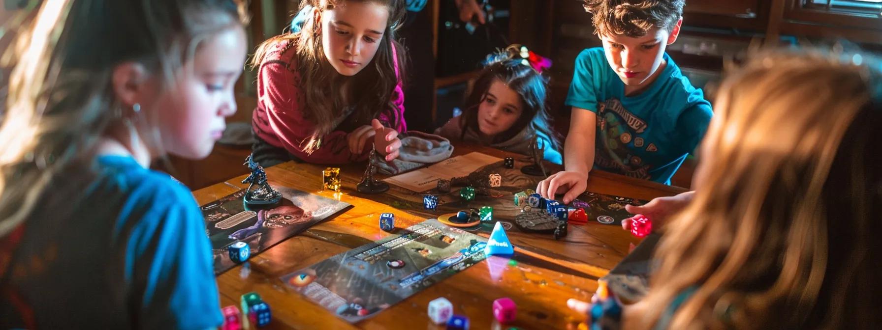 a vibrant, engaging gaming room filled with young players immersed in a colorful tabletop dungeons & dragons setup, complete with character sheets, dice, and imaginative scenery, all capturing the essence of storytelling and cooperative play. a vibrant, engaging gaming room filled with young players immersed in a colorful tabletop dungeons & dragons setup, complete with character sheets, dice, and imaginative scenery, all capturing the essence of storytelling and cooperative play.