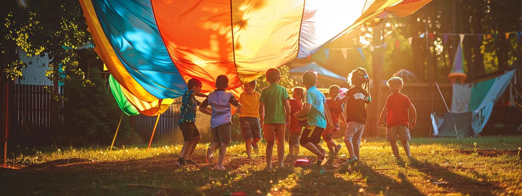 a vibrant, engaging scene shows children enthusiastically participating in unique outdoor skills activities at an organized camp, with instructors guiding them through teamwork-oriented challenges in a well-defined play area. a vibrant, engaging scene shows children enthusiastically participating in unique outdoor skills activities at an organized camp, with instructors guiding them through teamwork-oriented challenges in a well-defined play area.