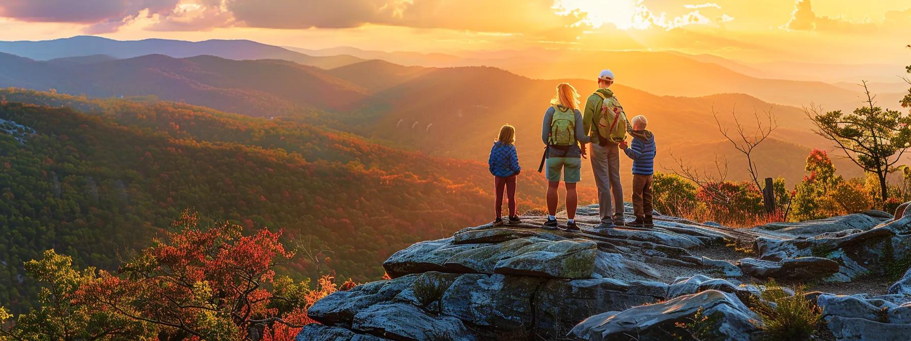a vibrant family-friendly nature exploration scene features excited children and their parents engaging in an interactive wildlife scavenger hunt amidst the striking geological formations of the blue ridge mountains, illuminated by soft afternoon light that enhances the colors of their surroundings. a vibrant family-friendly nature exploration scene features excited children and their parents engaging in an interactive wildlife scavenger hunt amidst the striking geological formations of the blue ridge mountains, illuminated by soft afternoon light that enhances the colors of their surroundings.