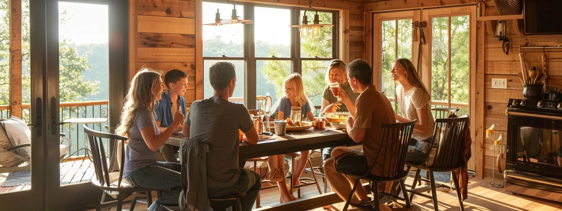 a vibrant family gathered around a stylish, modern dining table in a cozy cabin-like setting, excitedly discussing their crafted daily itinerary filled with engaging activities for their vacation in blue ridge, ga. a vibrant family gathered around a stylish, modern dining table in a cozy cabin-like setting, excitedly discussing their crafted daily itinerary filled with engaging activities for their vacation in blue ridge, ga.