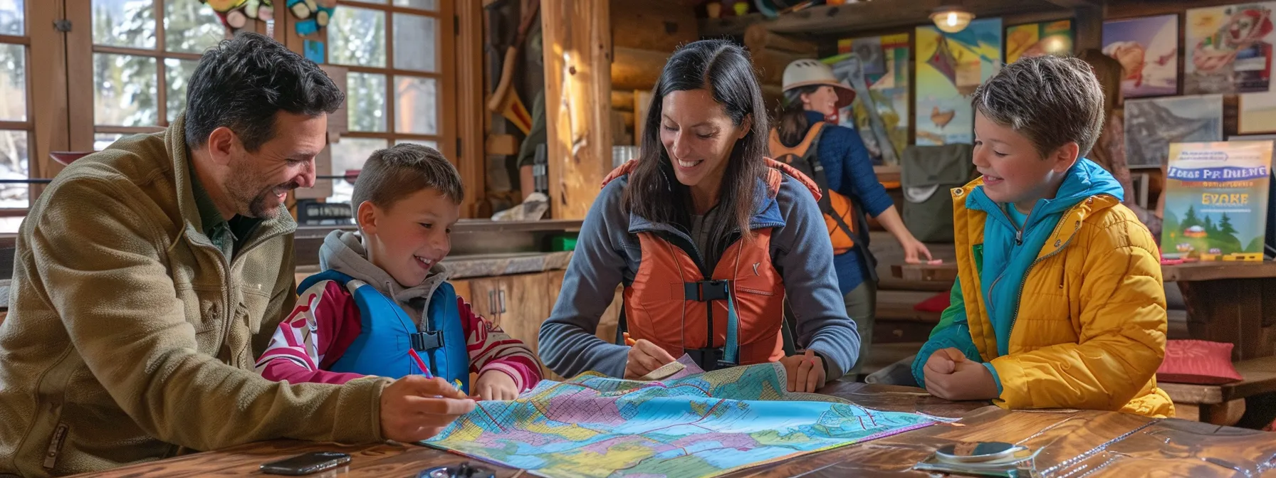 a vibrant family gathered around a wooden table in a cozy riverside lodge, excitedly reviewing maps and discussing their upcoming rafting adventure in chattanooga, with colorful rafting gear and photos of previous trips displayed in the background.