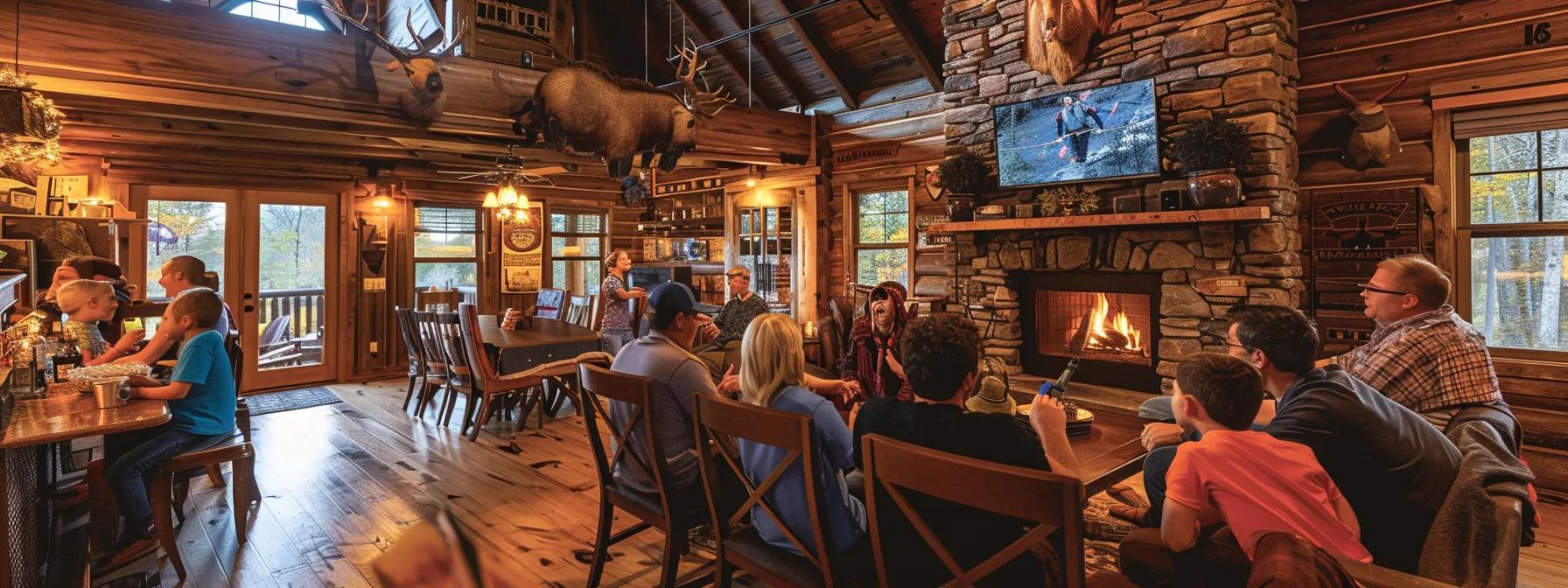 a vibrant family gathering takes place inside the rustic, warmly-lit bigfoot cabin, where parents and children enthusiastically discuss their upcoming outdoor adventures, surrounded by cozy furnishings and thematic decor that reflect the local culture and natural beauty of blue ridge, ga. a vibrant family gathering takes place inside the rustic, warmly-lit bigfoot cabin, where parents and children enthusiastically discuss their upcoming outdoor adventures, surrounded by cozy furnishings and thematic decor that reflect the local culture and natural beauty of blue ridge, ga.