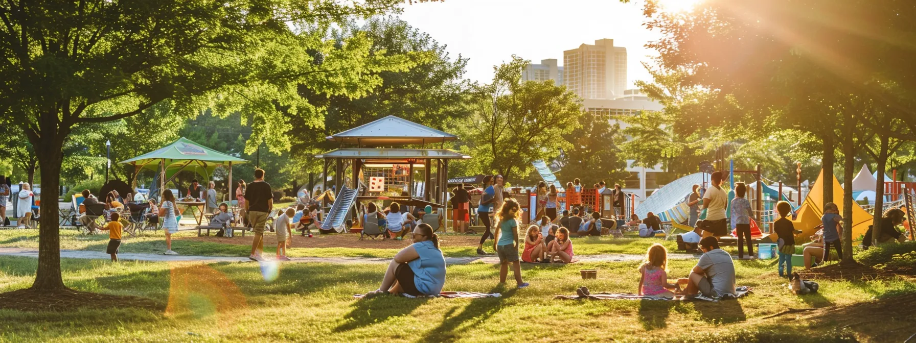 a vibrant family gathering in an urban chattanooga park showcasing a diverse range of activities like outdoor games, food stalls, and children enjoying a playful atmosphere, all set against a backdrop of city architecture.