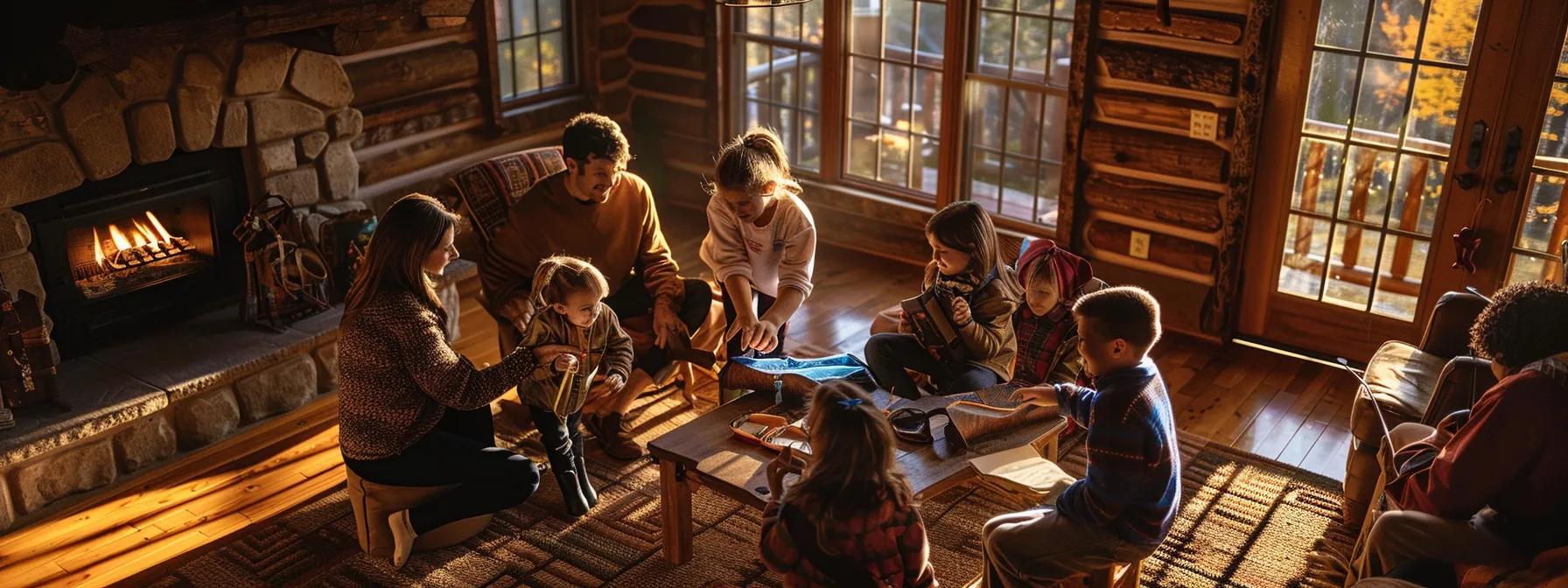 a vibrant family gathering inside a cozy cabin, surrounded by rustic wooden decor, with excited children engaging in educational activities and parents discussing plans, all set against the backdrop of a quaint blue ridge adventure guide displayed prominently. a vibrant family gathering inside a cozy cabin, surrounded by rustic wooden decor, with excited children engaging in educational activities and parents discussing plans, all set against the backdrop of a quaint blue ridge adventure guide displayed prominently.