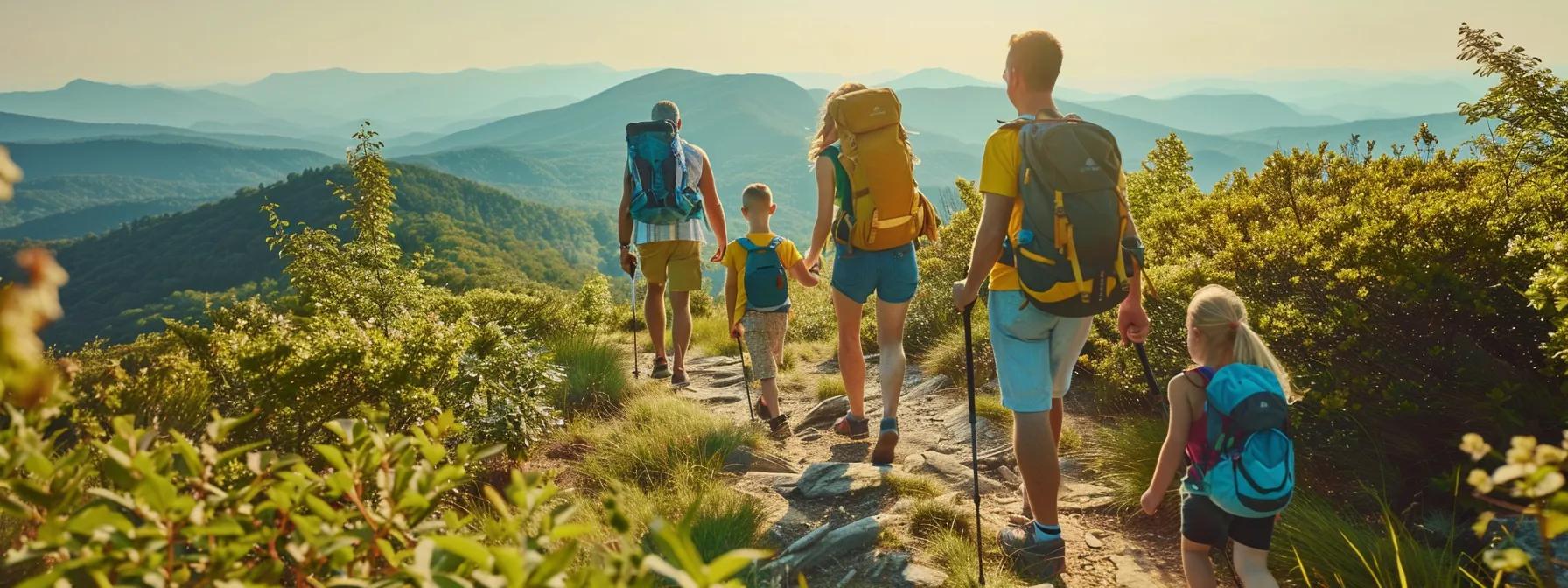 a vibrant family hiking group navigates a well-marked, gently sloping trail in the blue ridge mountains, enjoying shared moments amidst a backdrop of striking mountain vistas and clear blue skies. a vibrant family hiking group navigates a well-marked, gently sloping trail in the blue ridge mountains, enjoying shared moments amidst a backdrop of striking mountain vistas and clear blue skies.
