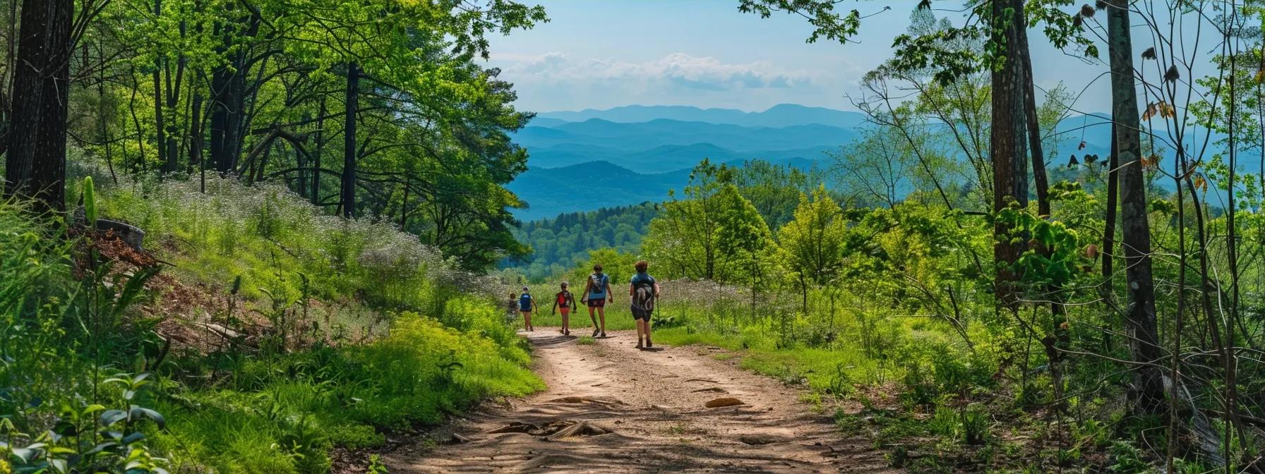 a vibrant family hiking on a well-marked trail in blue ridge, ga, surrounded by towering oaks and blooming wildflowers, with the blue ridge scenic railway in the background offering panoramic views of the lush appalachian landscape. a vibrant family hiking on a well-marked trail in blue ridge, ga, surrounded by towering oaks and blooming wildflowers, with the blue ridge scenic railway in the background offering panoramic views of the lush appalachian landscape.