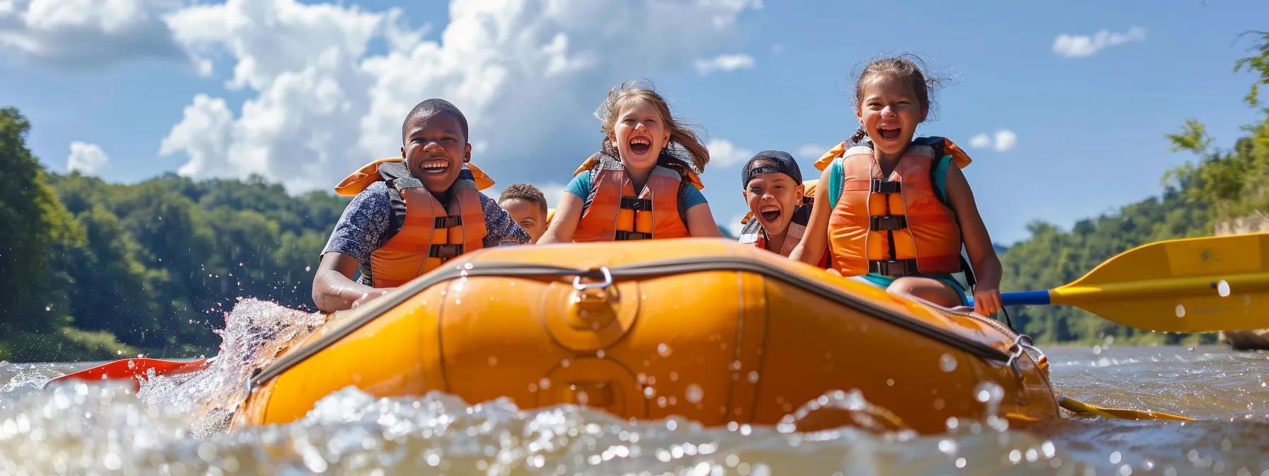 Family rafting adventure on Tennessee river, showcasing natural beauty and joyful moments.