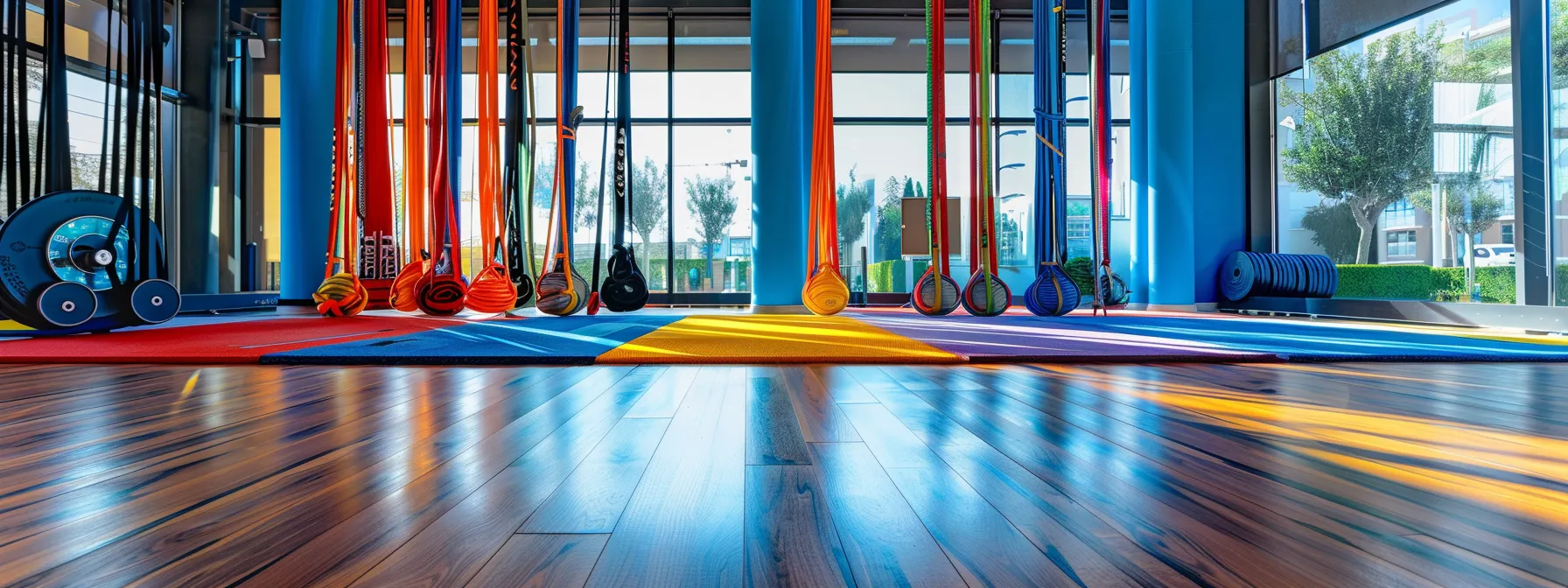 a vibrant fitness studio bathed in natural light showcases colorful resistance bands artfully arranged on a sleek wooden surface, inviting energetic workouts and a sense of vitality.