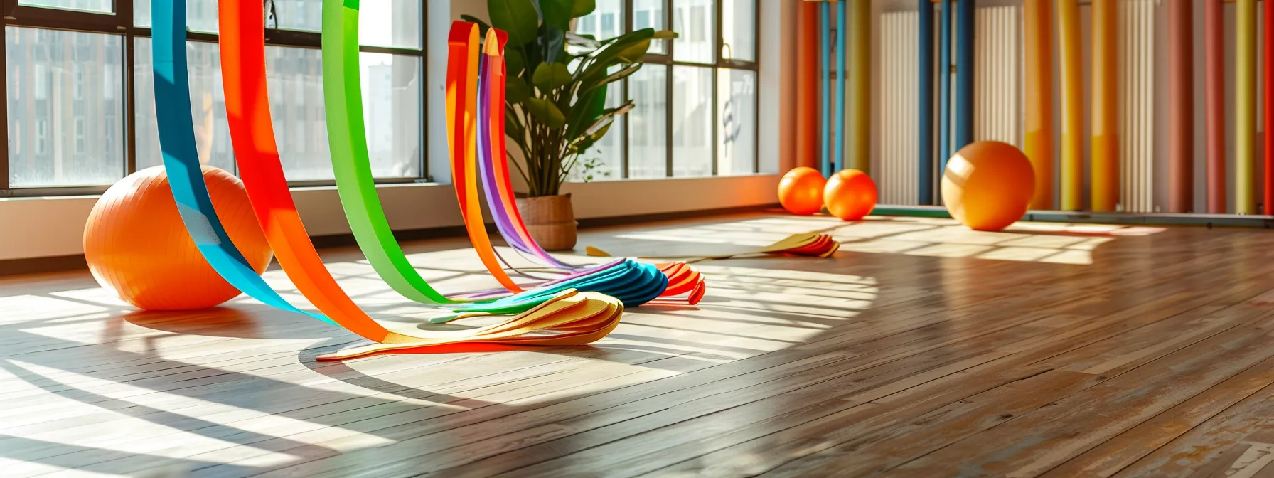 a vibrant fitness studio bathed in natural light showcases a pristine array of resistance bands draped artfully against a backdrop of sleek, modern decor, embodying strength and vitality.