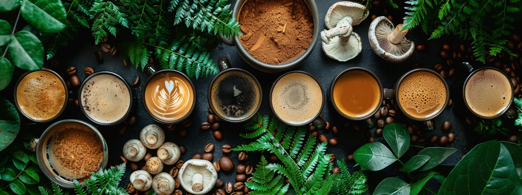 a vibrant flat lay of assorted artisanal mushroom coffee blends surrounded by lush greenery, capturing the essence of holistic wellness and the growing trend of functional beverages.
