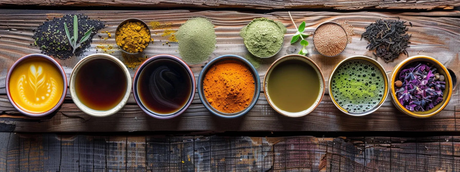 a vibrant flat lay of various coffee alternatives, featuring rich, dark chicory, colorful herbal teas, bright green matcha, golden turmeric-infused milk, and earthy yerba mate, all set against a warm wooden background to evoke a sense of health and wellness.