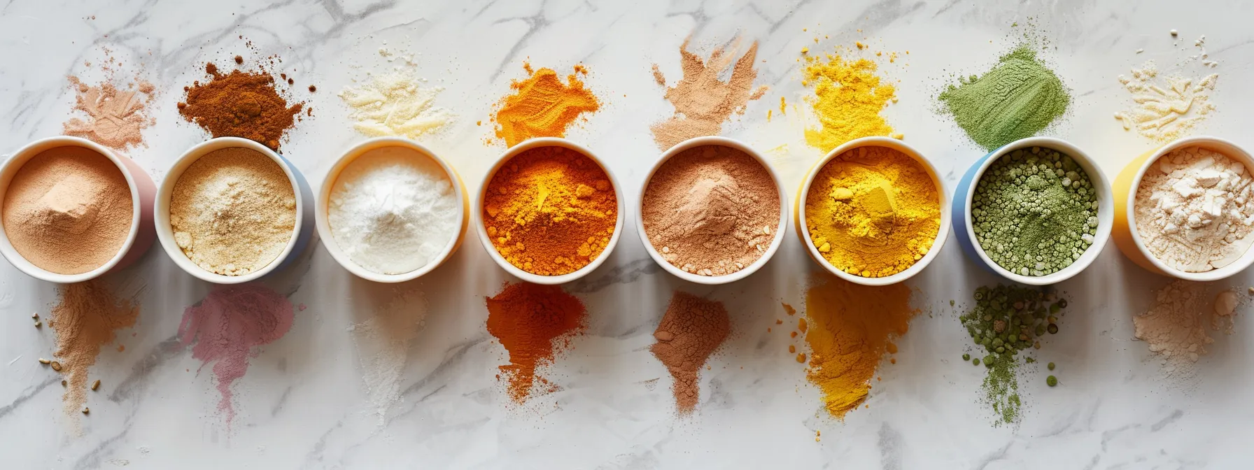 a vibrant flat lay of a colorful assortment of premium protein powder containers, showcasing diverse flavors and superfood ingredients, set against a clean marble background that emphasizes their appeal to health-conscious consumers.