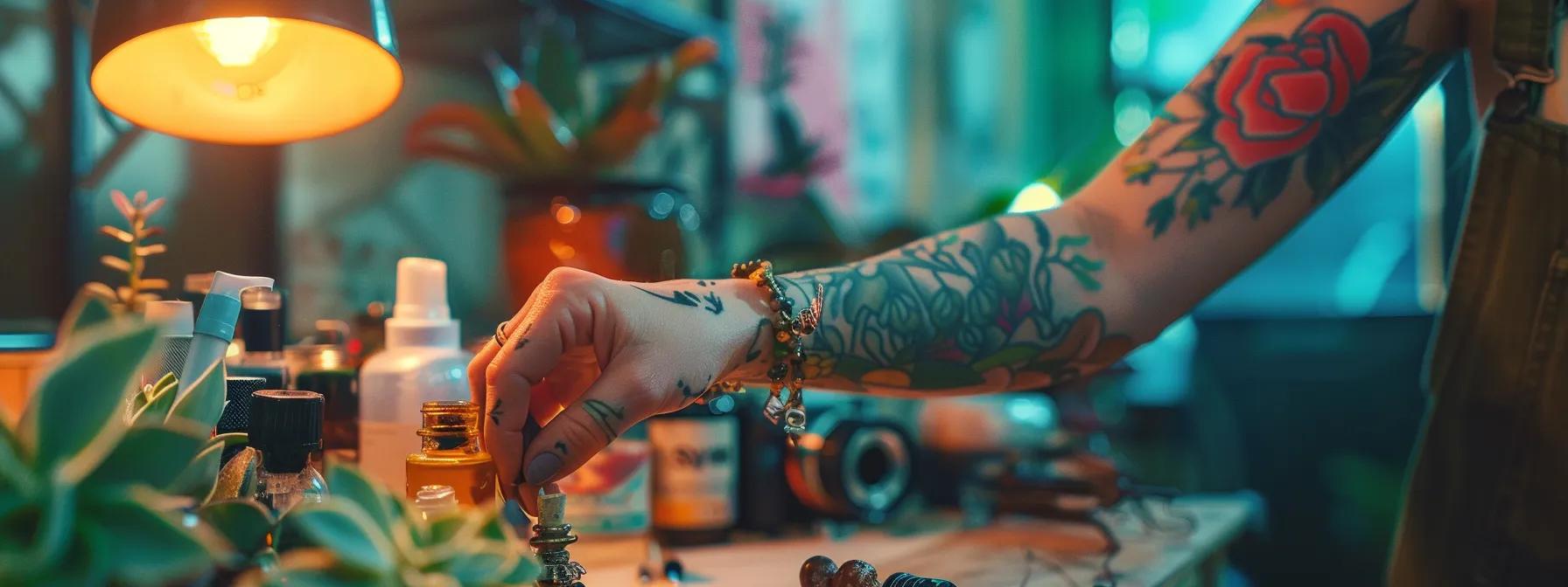 a vibrant, freshly inked tattoo glistens under soft, natural light while surrounded by essential aftercare products, emphasizing the importance of proper healing and vibrant body art preservation.