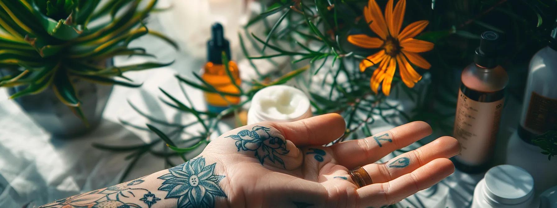 a vibrant, freshly inked tattoo on a person's skin glistens under soft, natural light, surrounded by essential aftercare products like ointment and a healing herbal plant, symbolizing the importance of tattoo aftercare for optimal healing.