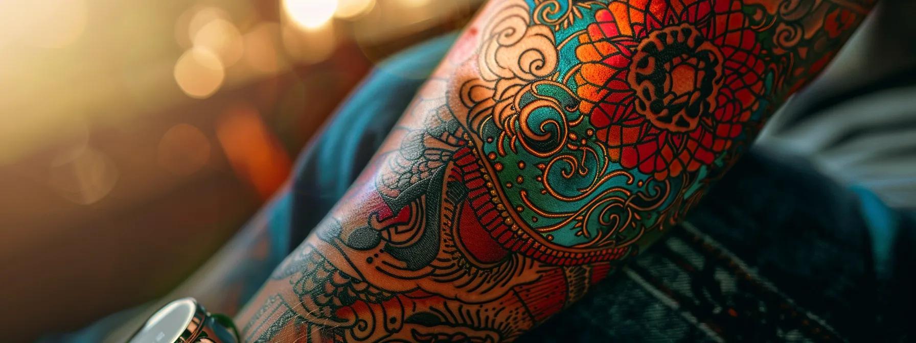 a vibrant, freshly inked tattoo on smooth skin glistens under soft, natural light, highlighting the intricate design and the importance of proper aftercare for optimal healing.