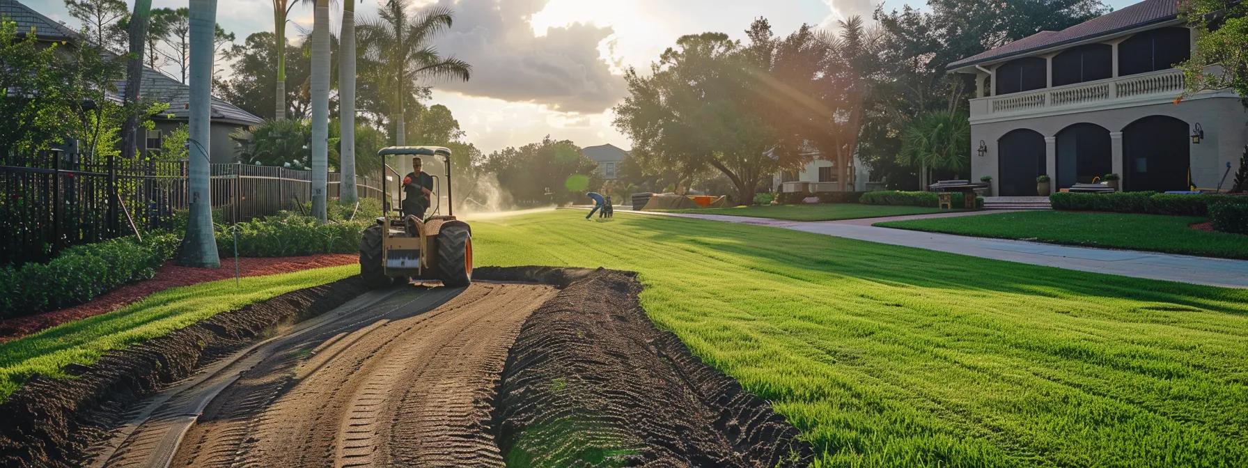 a vibrant, freshly laid sod installation in an upscale orlando backyard showcases meticulous landscaping, with experts actively transforming the lawn under soft, diffused studio lighting, highlighting the precision and care of the all-inclusive service. a vibrant, freshly laid sod installation in an upscale orlando backyard showcases meticulous landscaping, with experts actively transforming the lawn under soft, diffused studio lighting, highlighting the precision and care of the all-inclusive service.