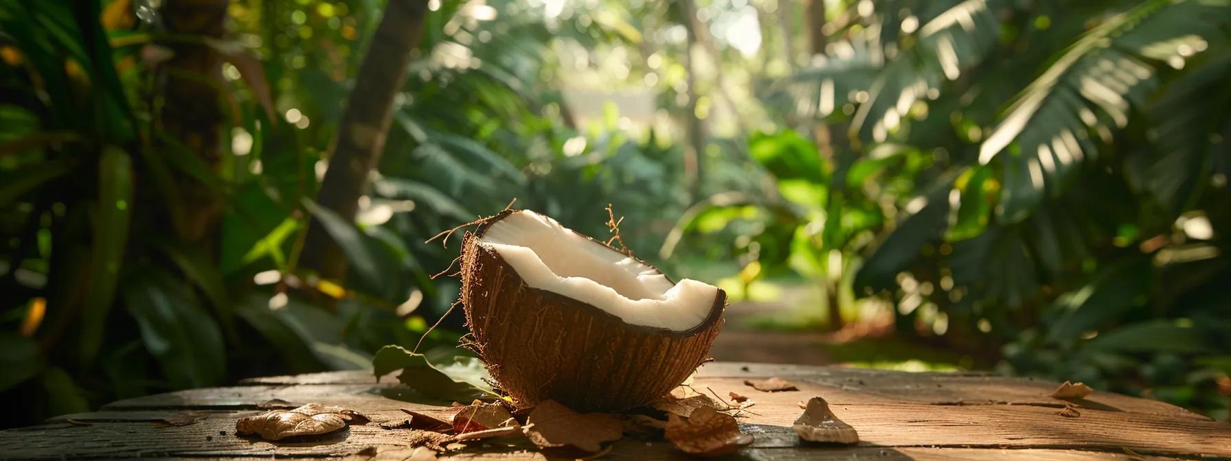 a vibrant, freshly sliced coconut sits atop a rustic wooden table, surrounded by a backdrop of lush tropical foliage, symbolizing the refreshing power of nature to replenish electrolytes and enhance well-being.