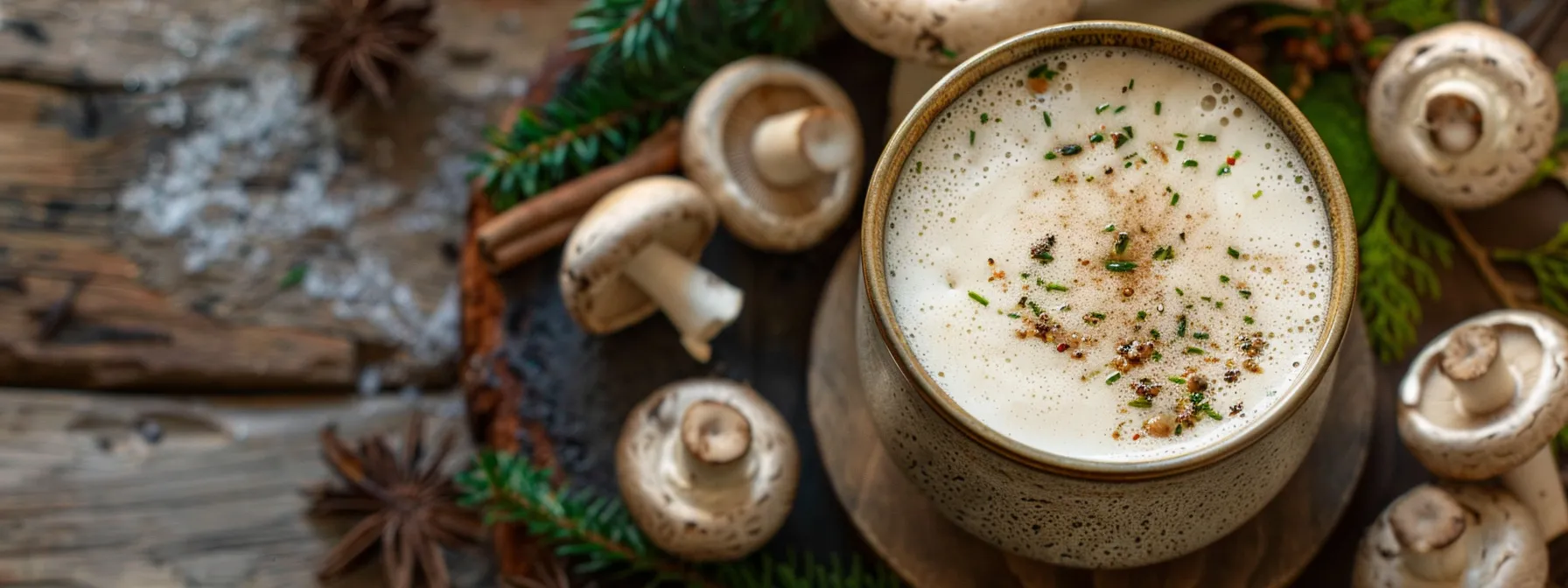 a vibrant, frothy cup of mushroom drink sits atop a rustic wooden table, surrounded by fresh mushrooms and greenery, highlighting the natural energy and focus this beverage promises.
