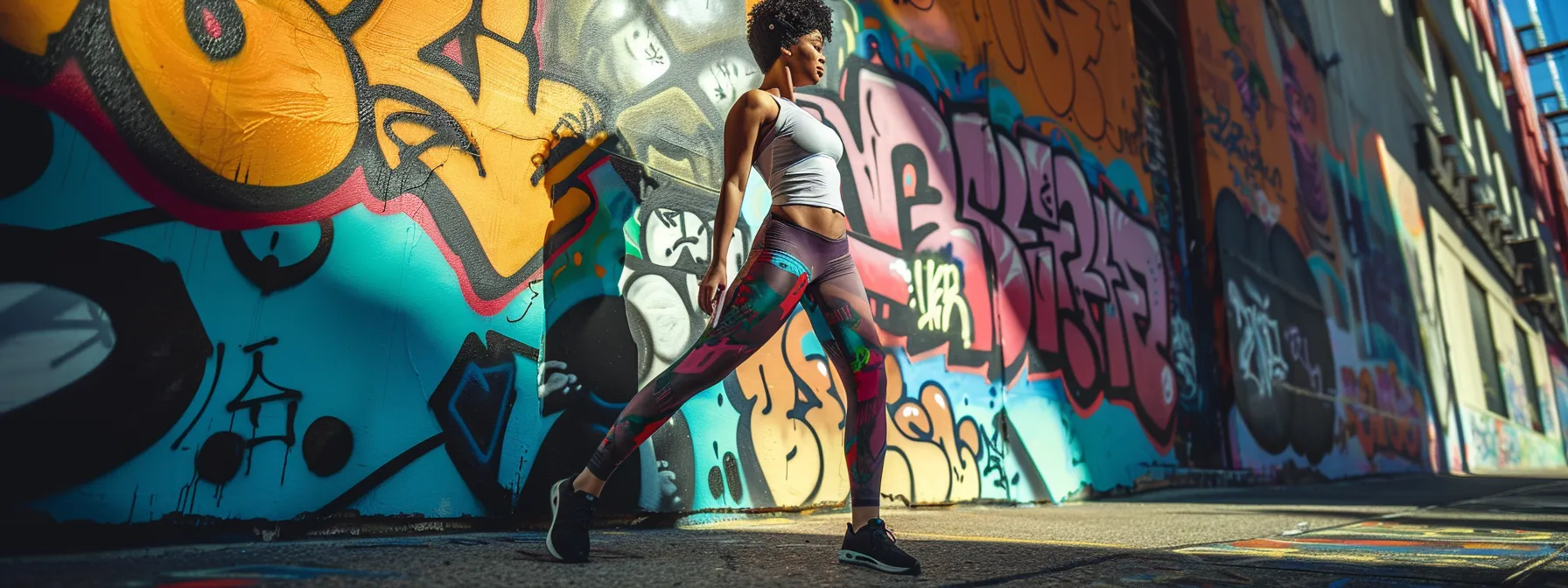 a vibrant, full-body image of a confident individual wearing eye-catching leggings in a dynamic urban setting, framed against a backdrop of striking graffiti murals under soft ambient sunlight.