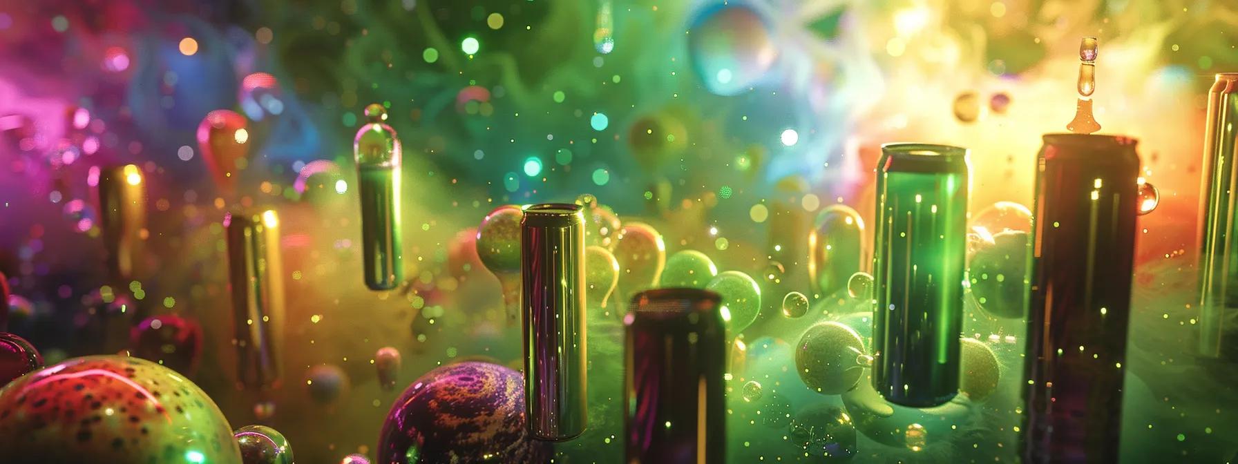 a vibrant, futuristic display of colorful thc-infused drink cans floats against a cosmic backdrop of swirling nebulae and planetary formations, illuminated by green-tinted lighting to emphasize their unique psychedelic essence. a vibrant, futuristic display of colorful thc-infused drink cans floats against a cosmic backdrop of swirling nebulae and planetary formations, illuminated by green-tinted lighting to emphasize their unique psychedelic essence.