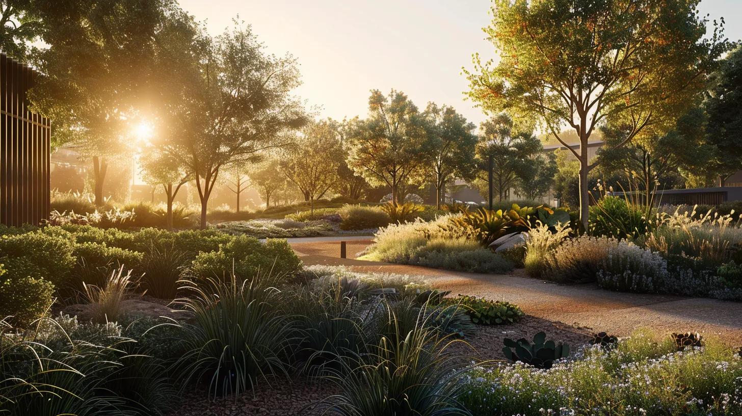 a vibrant garden of sustainable native plants and lush edible landscaping flourishes under soft golden sunlight, showcasing the harmonious blend of beauty and eco-friendly design in an inviting outdoor space. a vibrant garden of sustainable native plants and lush edible landscaping flourishes under soft golden sunlight, showcasing the harmonious blend of beauty and eco-friendly design in an inviting outdoor space.