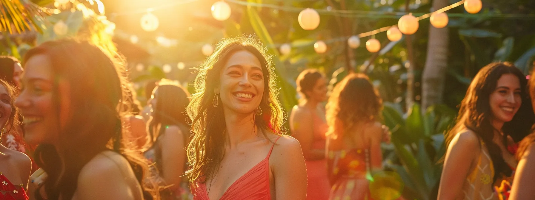 a vibrant gathering of women in flowing, colorful dresses smiles joyfully beneath a sun-drenched canopy of lush greenery, capturing a moment of carefree camaraderie and celebration. a vibrant gathering of women in flowing, colorful dresses smiles joyfully beneath a sun-drenched canopy of lush greenery, capturing a moment of carefree camaraderie and celebration.