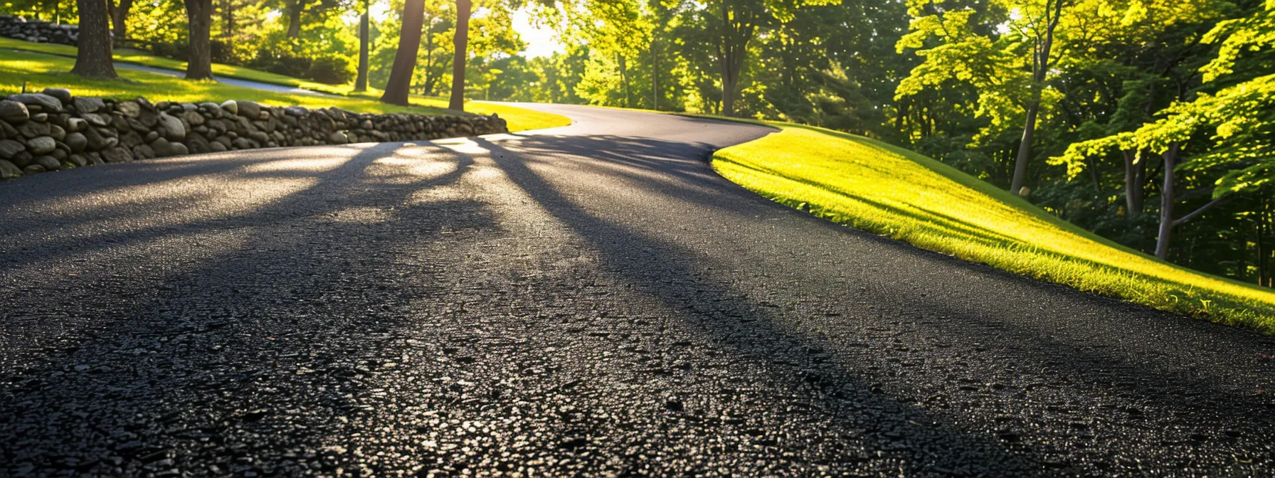 a vibrant green landscape showcases a freshly paved asphalt driveway, symbolizing sustainability and environmental responsibility, illuminated by soft golden sunlight filtering through the trees. a vibrant green landscape showcases a freshly paved asphalt driveway, symbolizing sustainability and environmental responsibility, illuminated by soft golden sunlight filtering through the trees.