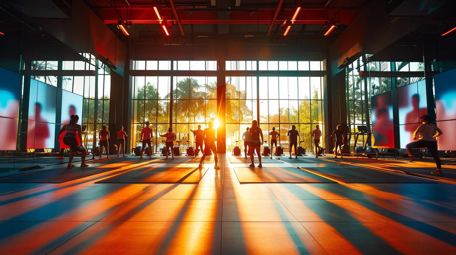 a vibrant gym interior showcasing engaged members participating in diverse workout classes, illuminated by soft natural light filtering through large windows, with digital screens prominently displaying retention metrics and automated communication messages. a vibrant gym interior showcasing engaged members participating in diverse workout classes, illuminated by soft natural light filtering through large windows, with digital screens prominently displaying retention metrics and automated communication messages.