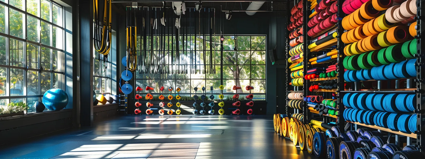 a vibrant gym interior showcases a multitude of colorful resistance bands neatly arranged on wall-mounted racks, illuminated by soft, natural light streaming through large windows, emphasizing the energy and potential for fitness transformation.