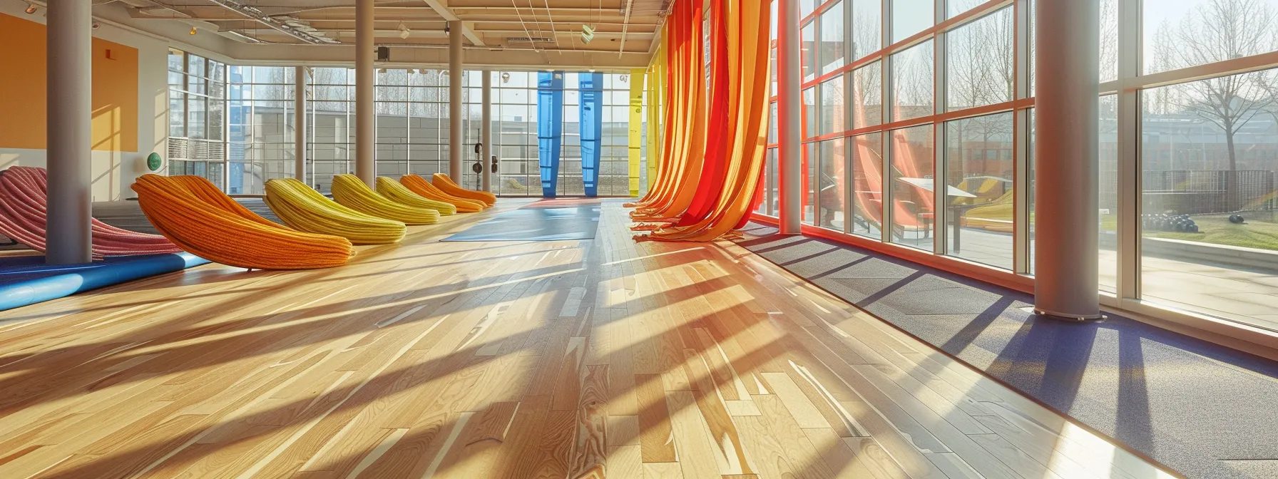 a vibrant gym setting filled with intense energy, showcasing colorful resistance bands prominently arranged against a backdrop of sleek fitness equipment, illuminated by dynamic, natural light streaming through large windows.