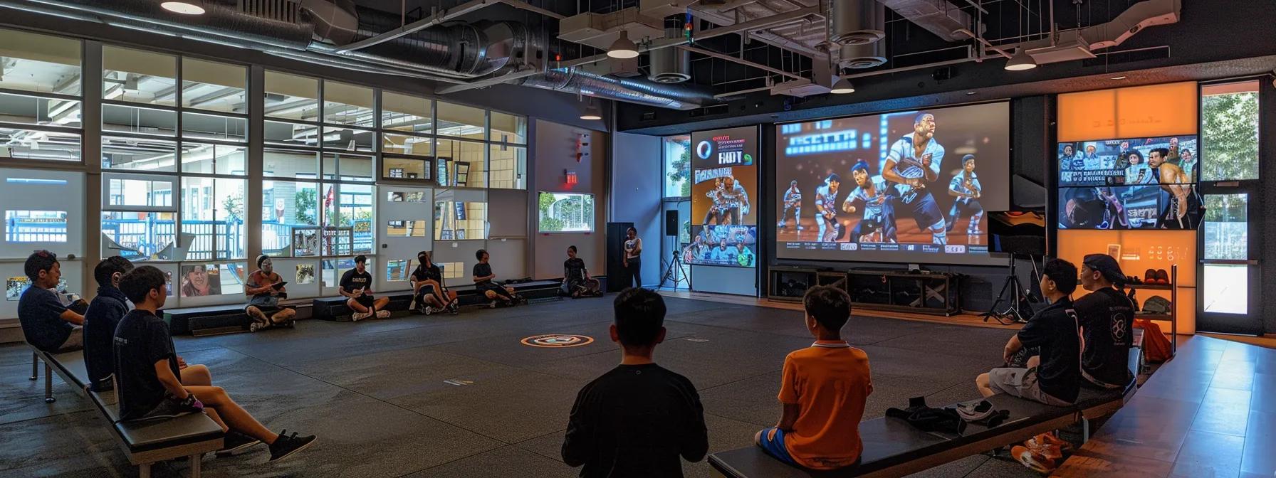 a vibrant, high-energy martial arts studio filled with students engaged in a live online training session, highlighted by a large screen displaying social media interactions and a backdrop of dynamic instructional videos that showcase the school's unique culture and techniques. a vibrant, high-energy martial arts studio filled with students engaged in a live online training session, highlighted by a large screen displaying social media interactions and a backdrop of dynamic instructional videos that showcase the school's unique culture and techniques.