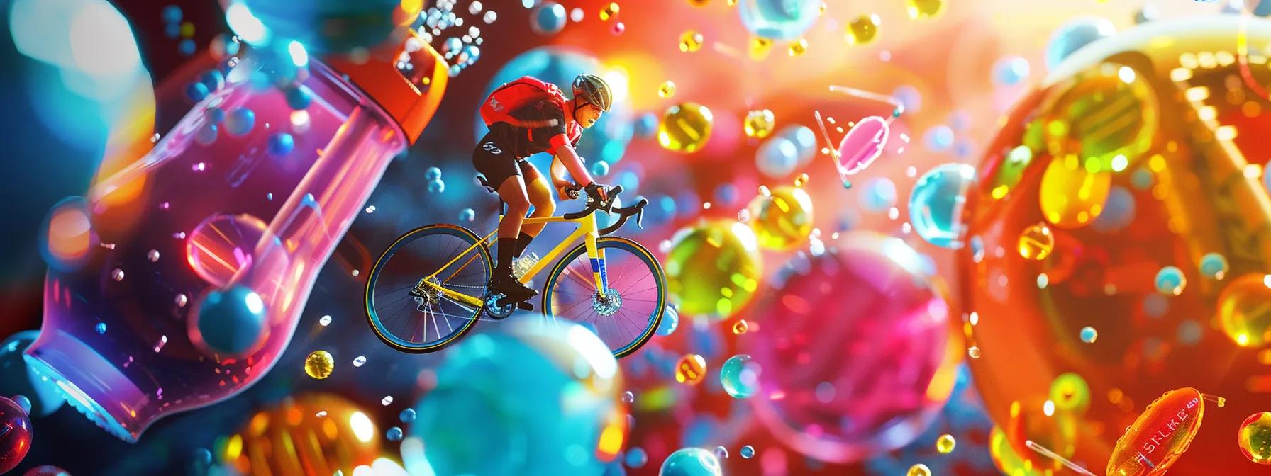 a vibrant, high-energy composition depicting a cyclist surrounded by various colorful electrolyte drink containers, with scientific illustrations of chloride molecules and hydration concepts subtly integrated into the background, illuminated by dynamic sunlight to convey the importance of electrolytes in physical performance.